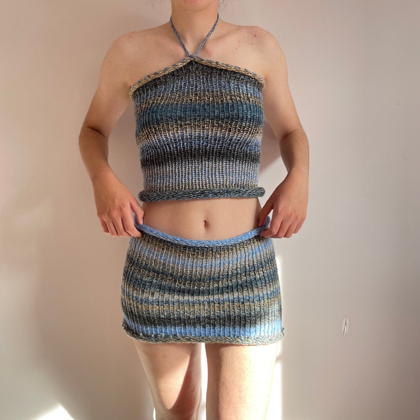 Handmade knitted halter top in blue, beige and grey