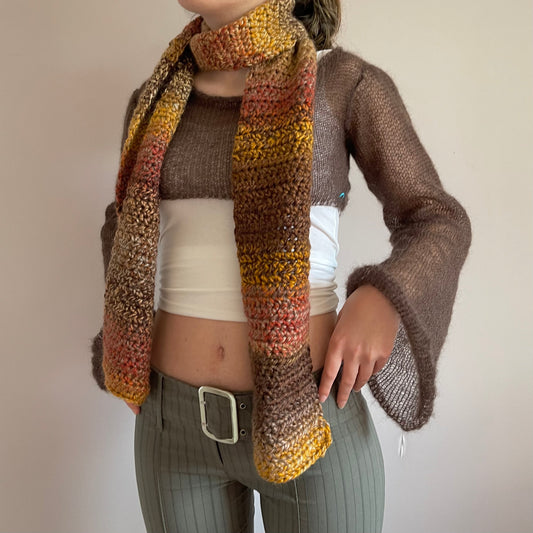Handmade brown, burnt orange and mustard yellow ombré crochet scarf
