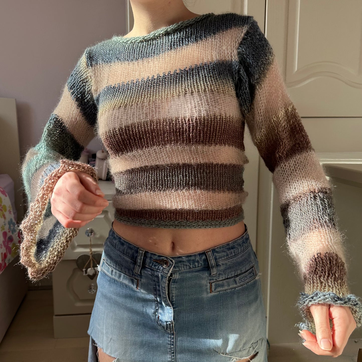 Handmade striped blue, brown and beige knitted mohair jumper with flared sleeves