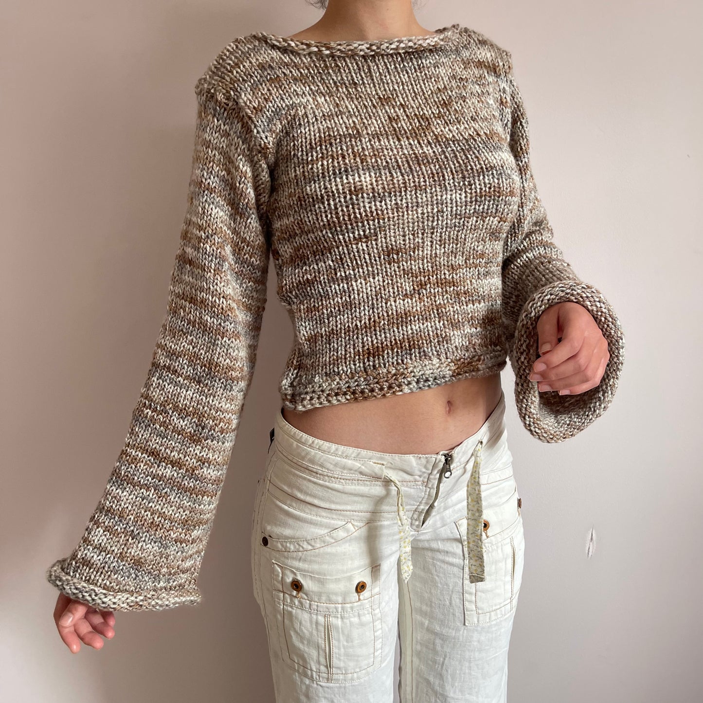 Handmade multicoloured beige, cream and brown knitted sweater