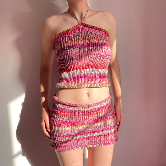 SET: Handmade knitted top and skirt in pink, purple, coral and grey