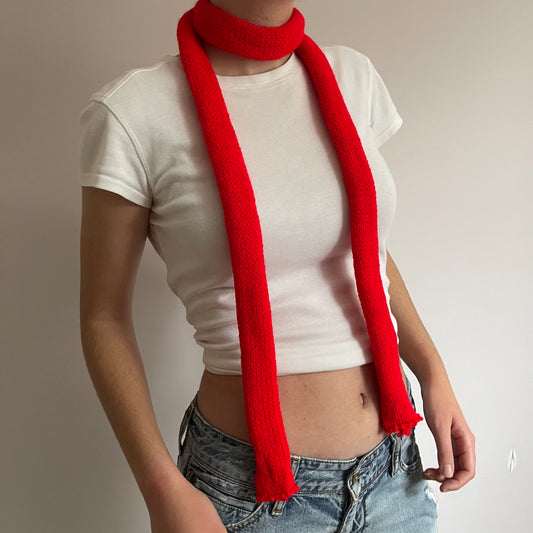 Handmade knitted skinny scarf in scarlet red