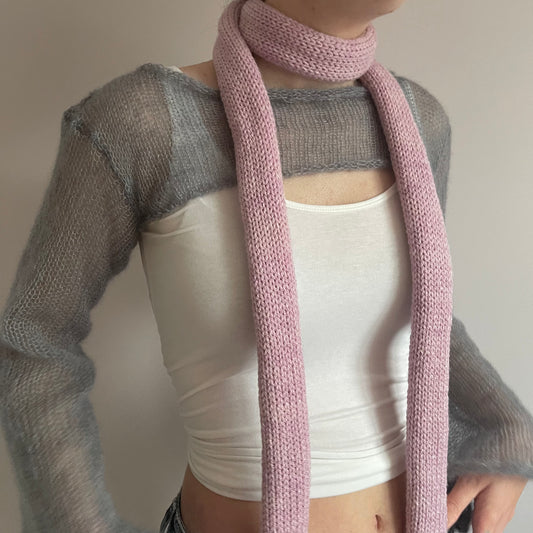 Handmade knitted skinny scarf in dusky pink