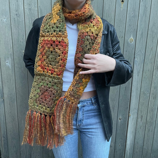 Handmade earth tones granny square crochet scarf