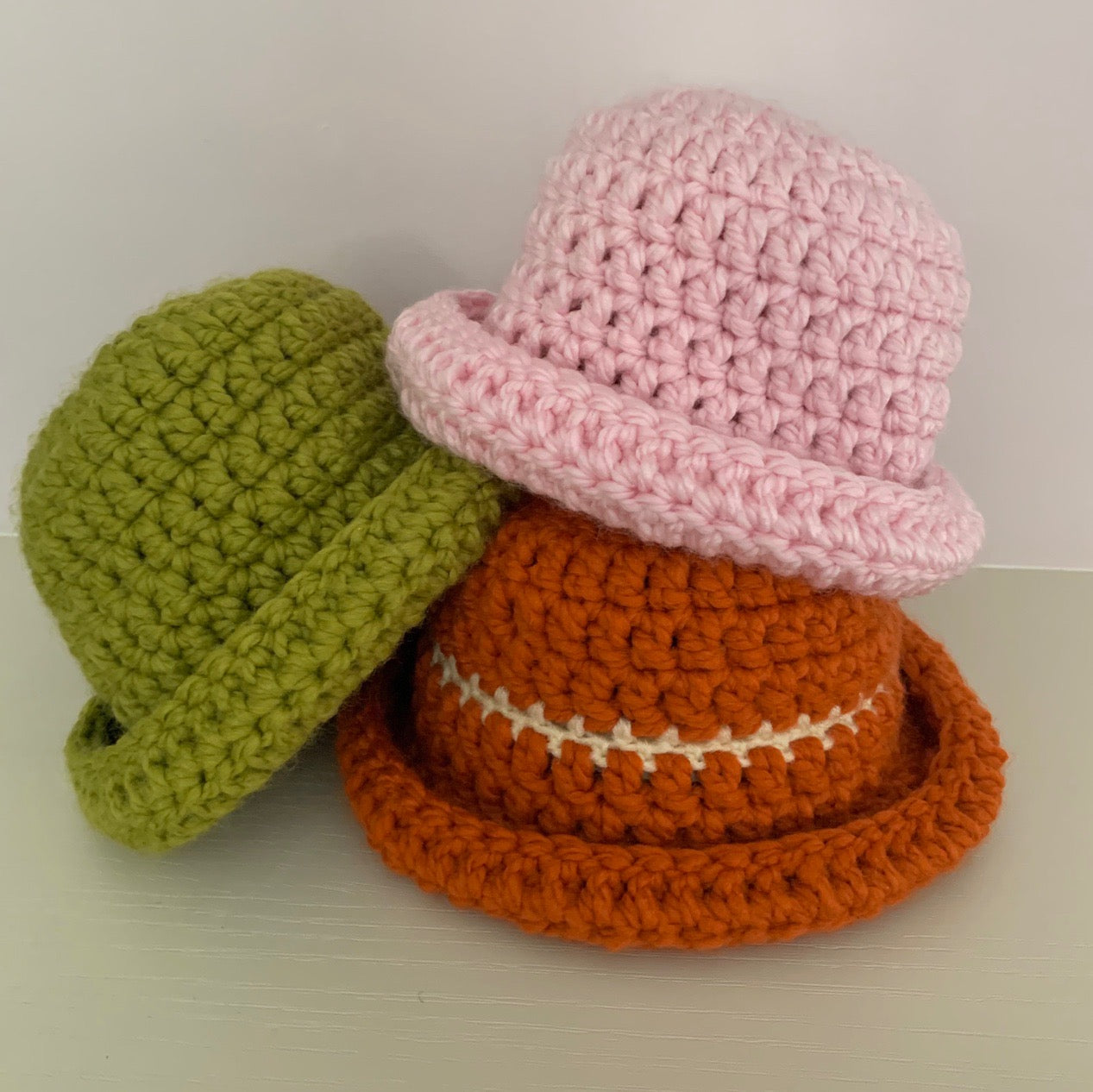 Handmade olive green chunky crochet bowler hat