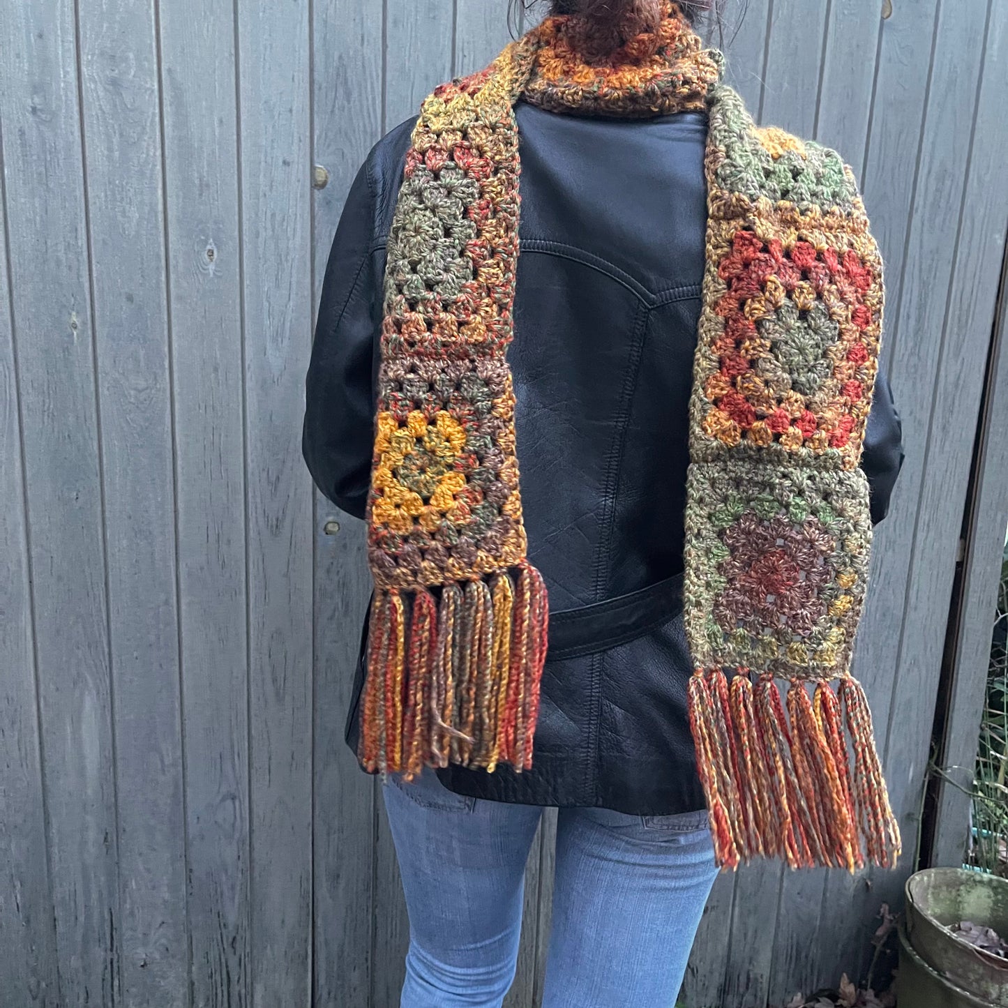 Handmade earth tones granny square crochet scarf