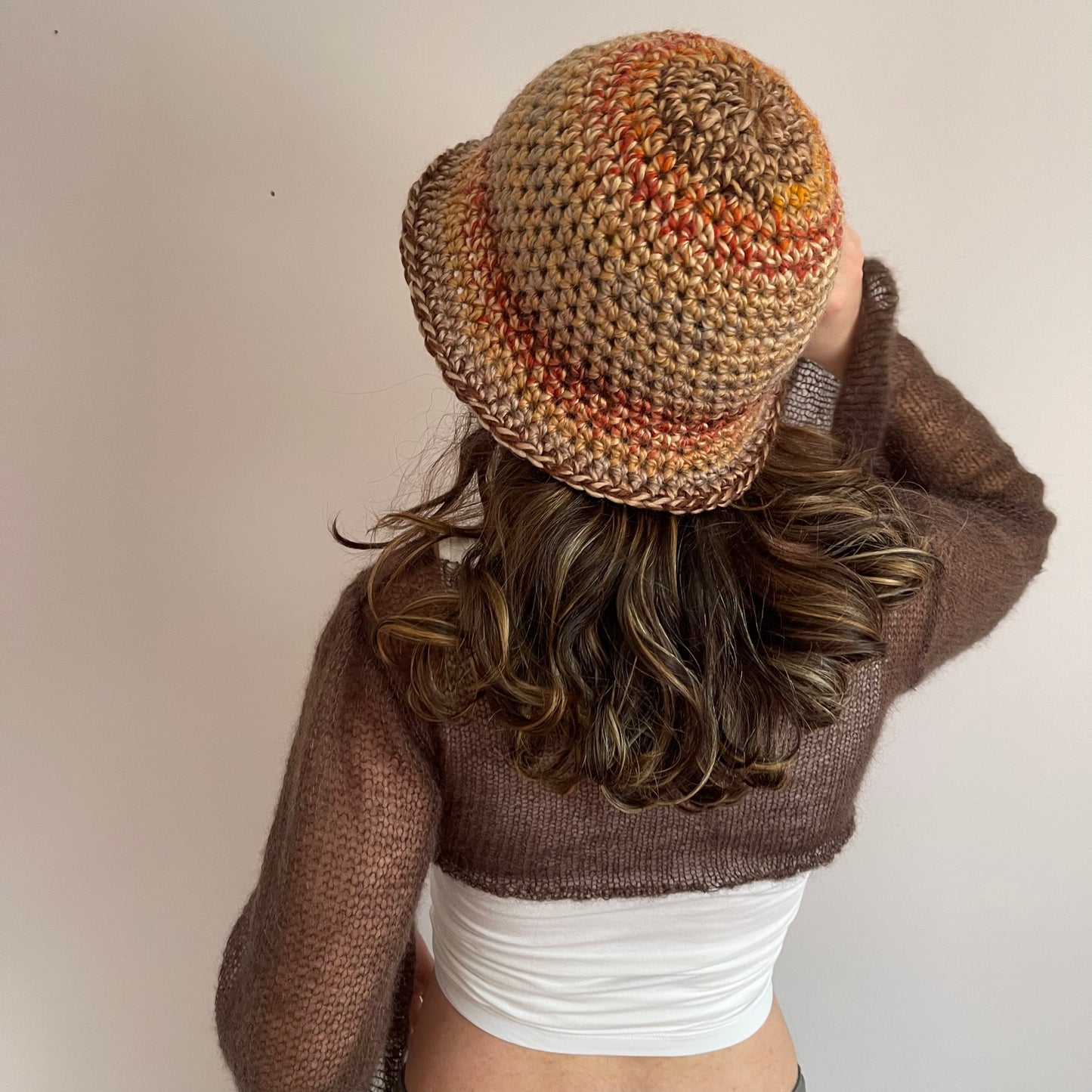 Handmade brown, burnt orange and mustard yellow chunky crochet bucket hat