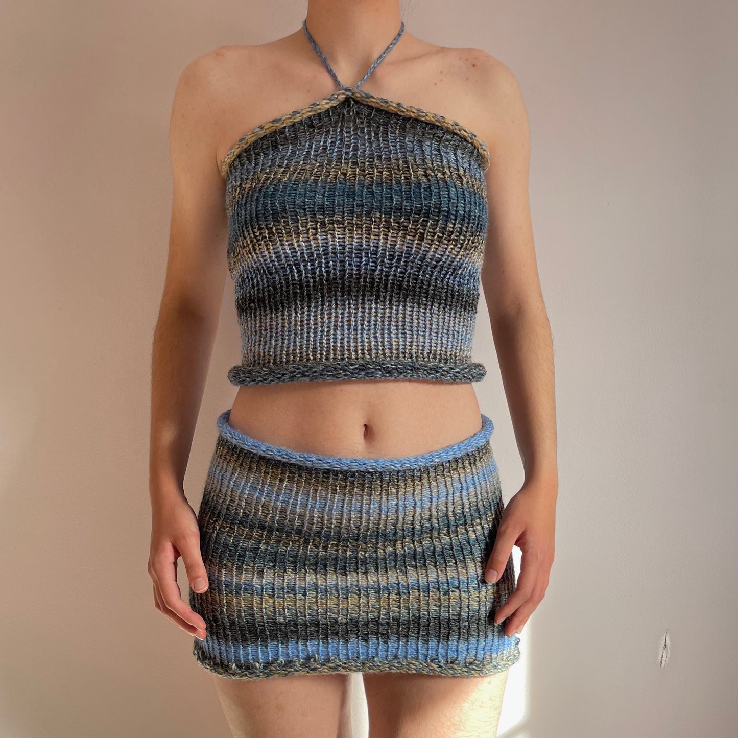 SET: Handmade knitted top and skirt in blue, beige and grey