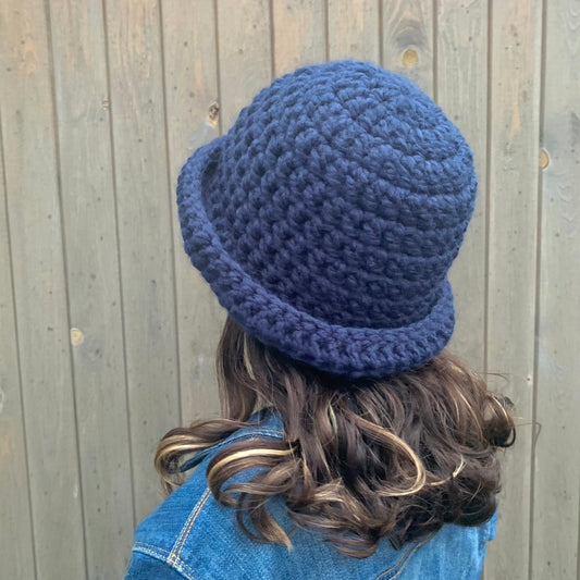 Handmade navy blue chunky crochet bowler hat