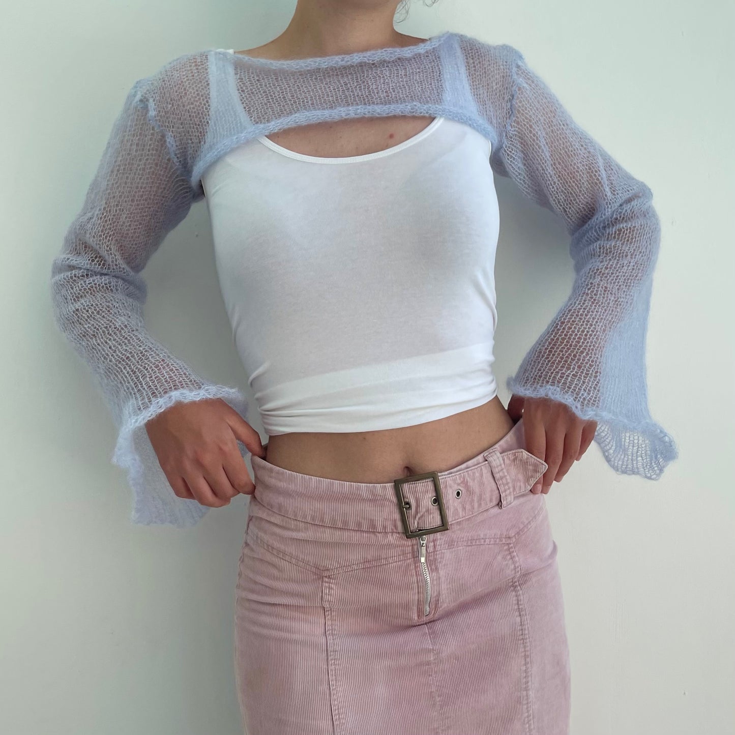 Handmade knitted ultra cropped mohair jumper / bolero in baby blue