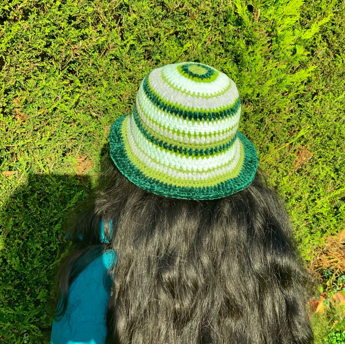 Handmade velvet striped crochet bucket hat in green shades