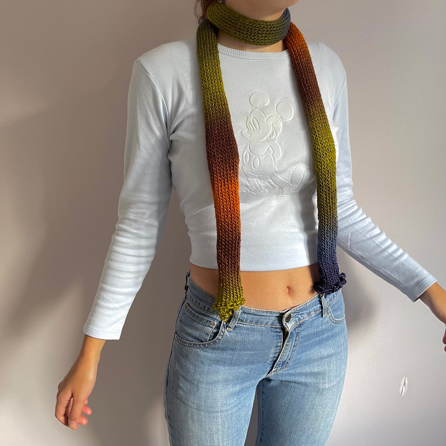 Handmade knitted ombré skinny scarf - Aspen colourway