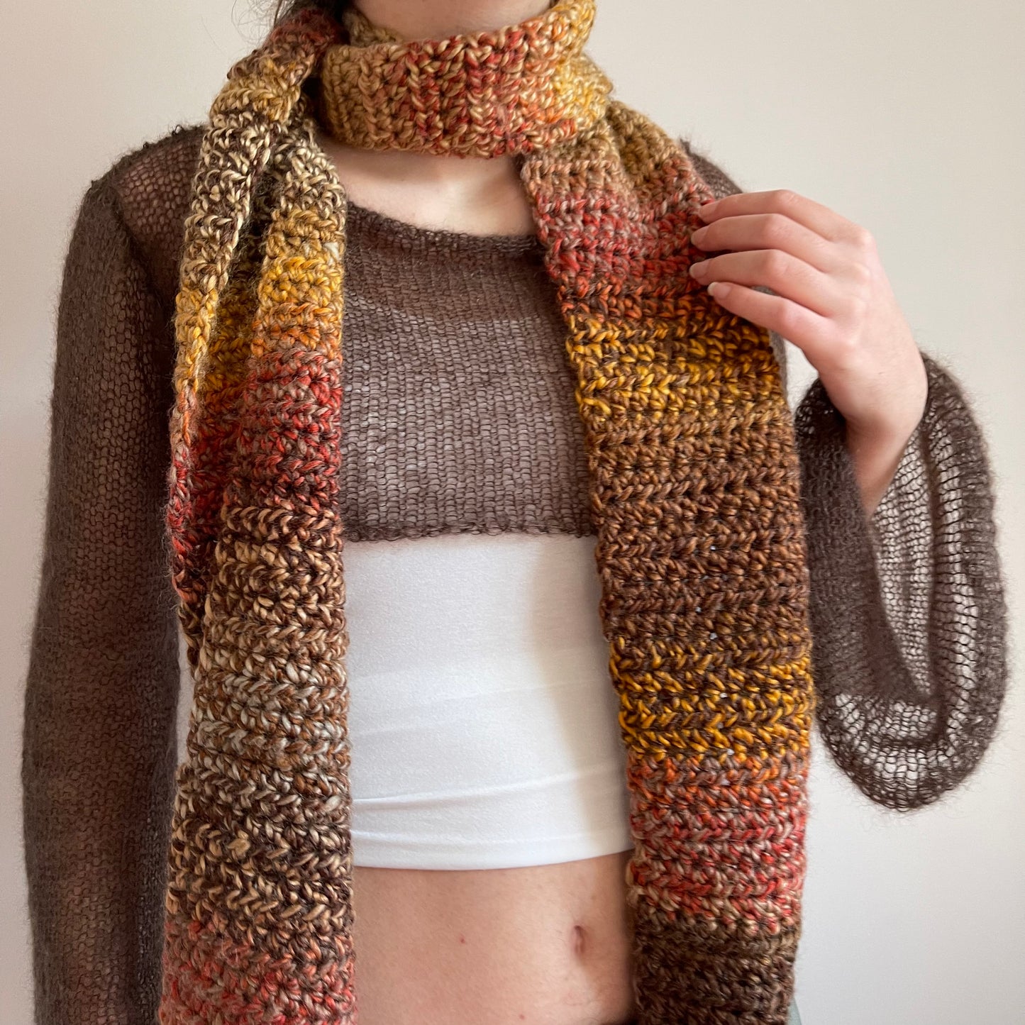 Handmade brown, burnt orange and mustard yellow ombré crochet scarf