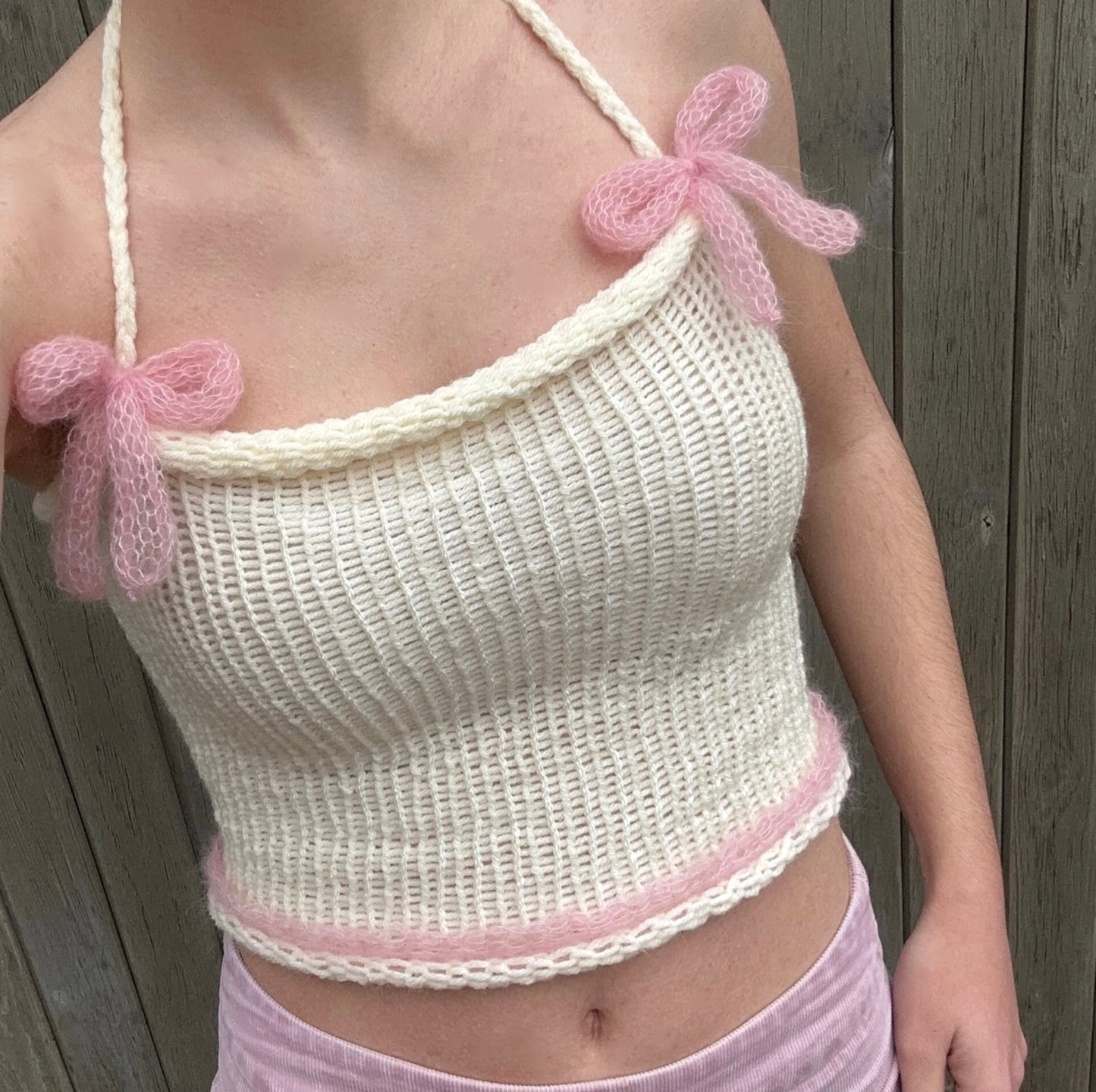 Handmade knitted mohair bow top in cream and baby pink