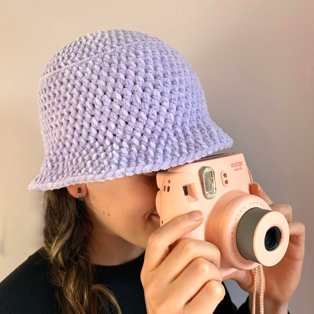 Handmade crushed velvet crochet bucket hat in lilac