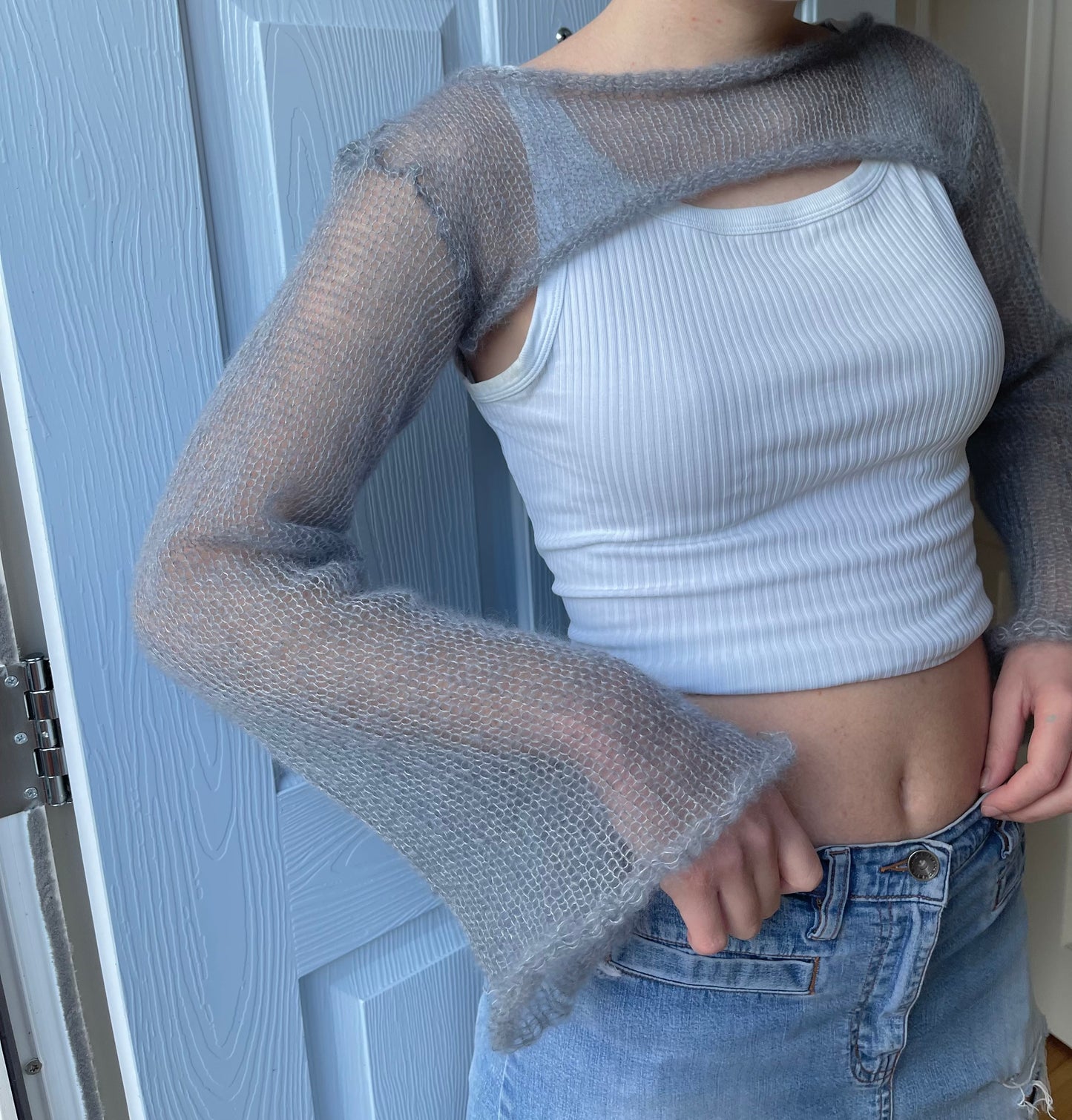 Handmade knitted ultra cropped mohair jumper / bolero in light grey