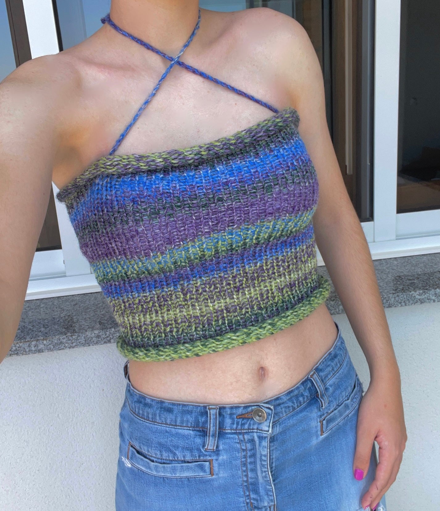 Handmade knitted criss cross halter top in purple, blue and green