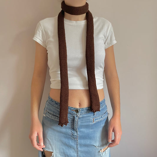 Handmade knitted skinny scarf in brown