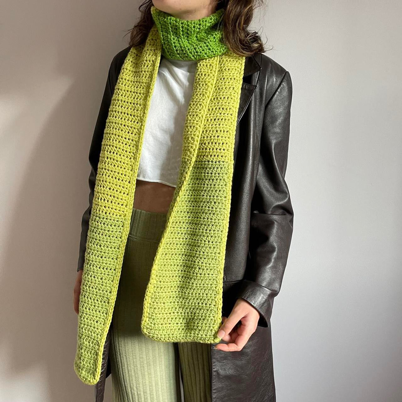 Handmade green colour block crochet scarf