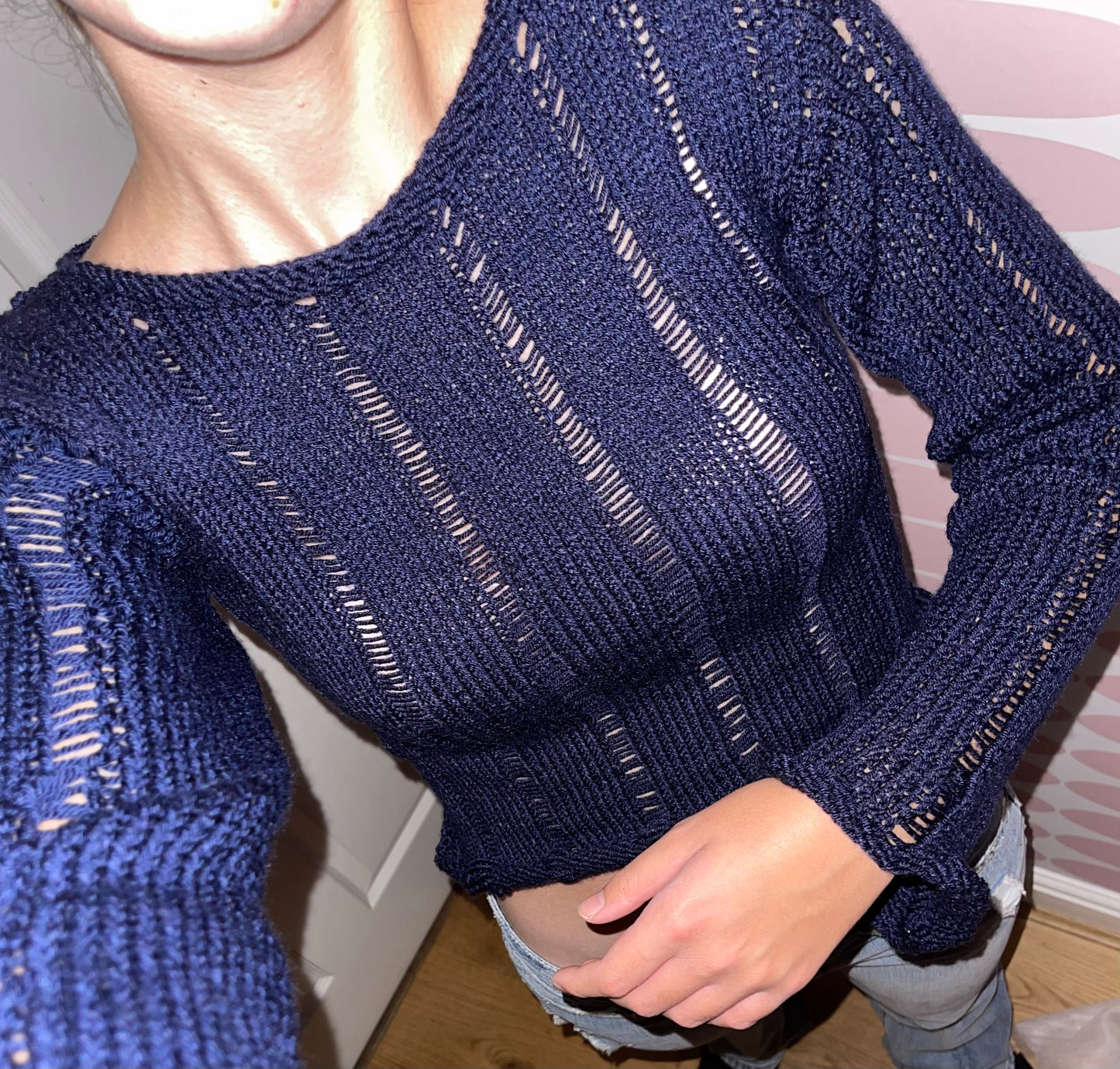 Handmade navy blue distressed knitted jumper