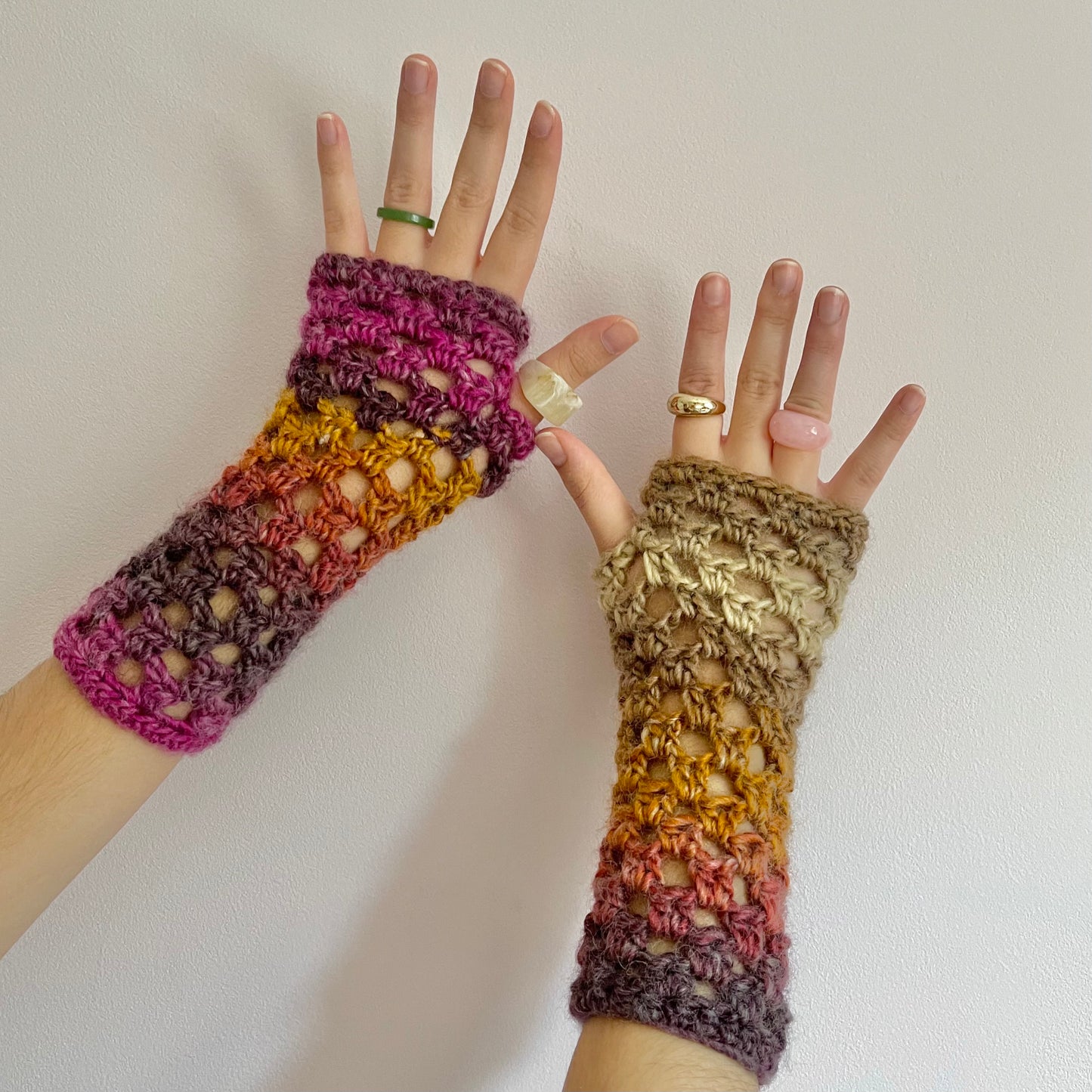 Handmade Sunset Shades crochet fishnet hand warmers