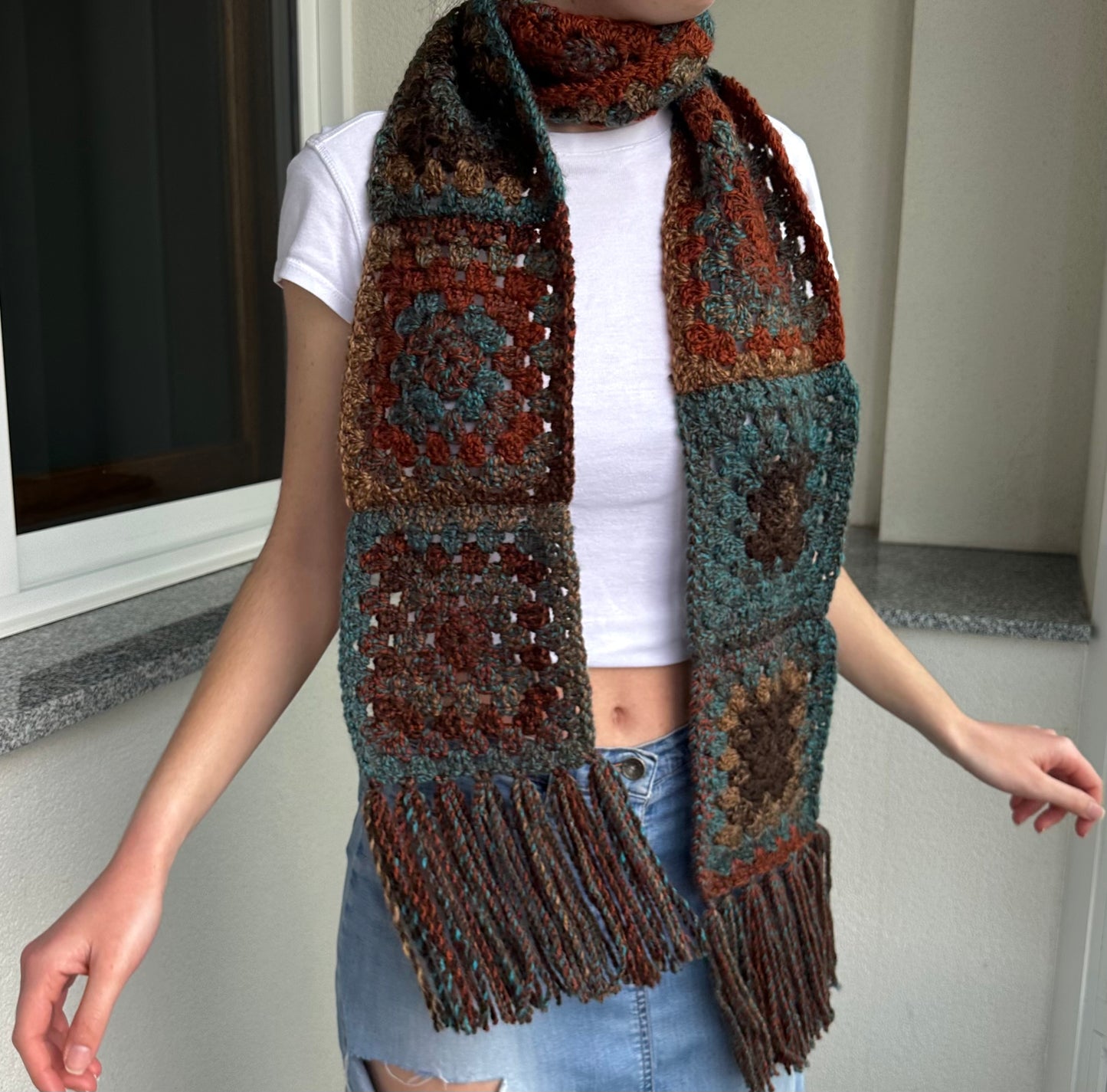 Handmade brown and blue granny square crochet scarf