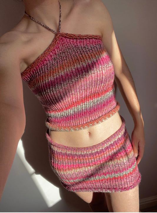 SET: Handmade knitted top and skirt in pink, purple, coral and grey