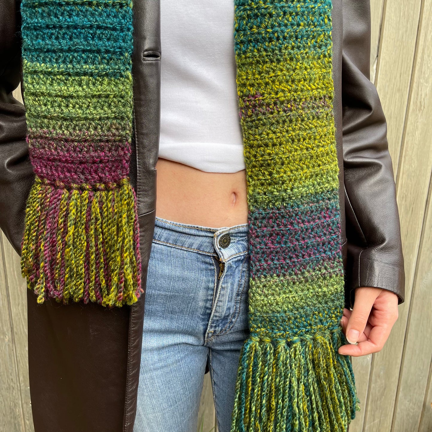 Handmade ombré green and purple crochet scarf with tassels