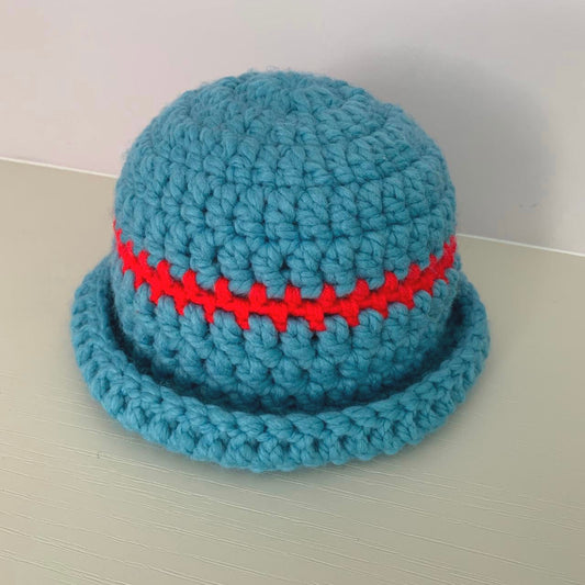 Handmade sea blue chunky crochet bowler hat with red stripe