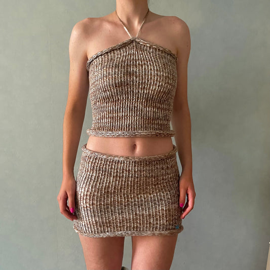 SET: handmade knitted halter top and skirt in light brown, beige and cream