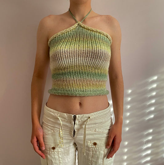 Handmade knitted halter top in green, beige and cream