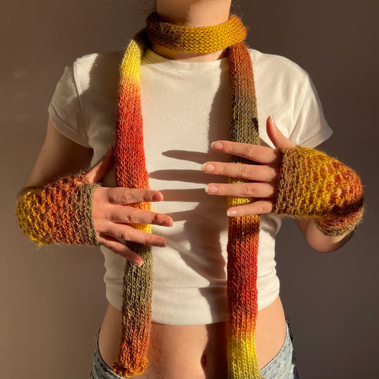 Handmade knitted ombré skinny scarf in earth tones