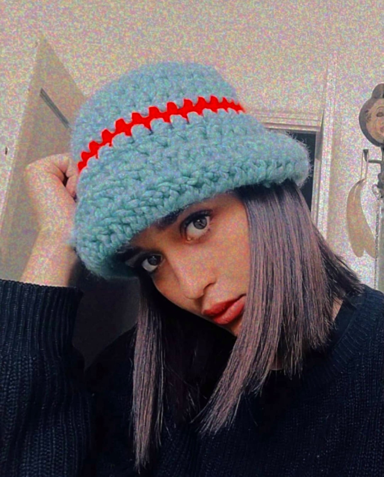 Handmade sea blue chunky crochet bowler hat with red stripe