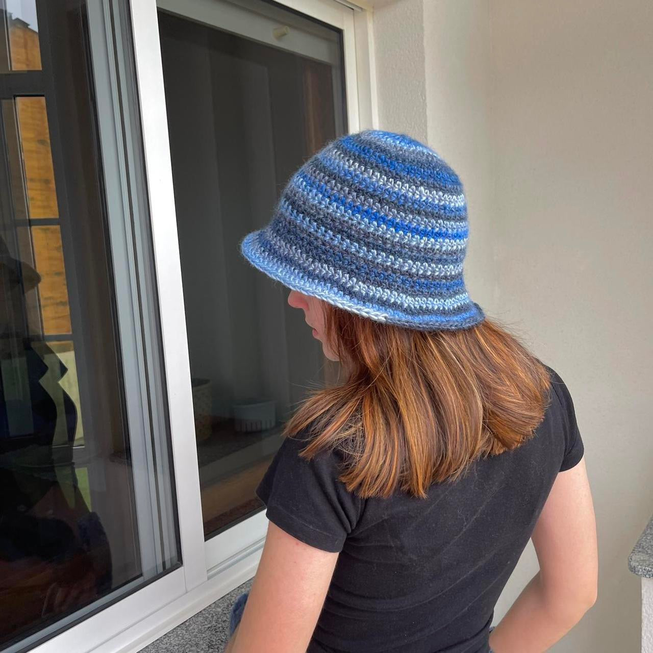 Handmade crochet bucket hat in Blue Daze colourway