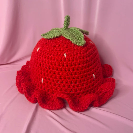 Handmade crochet strawberry hat with frilly brim