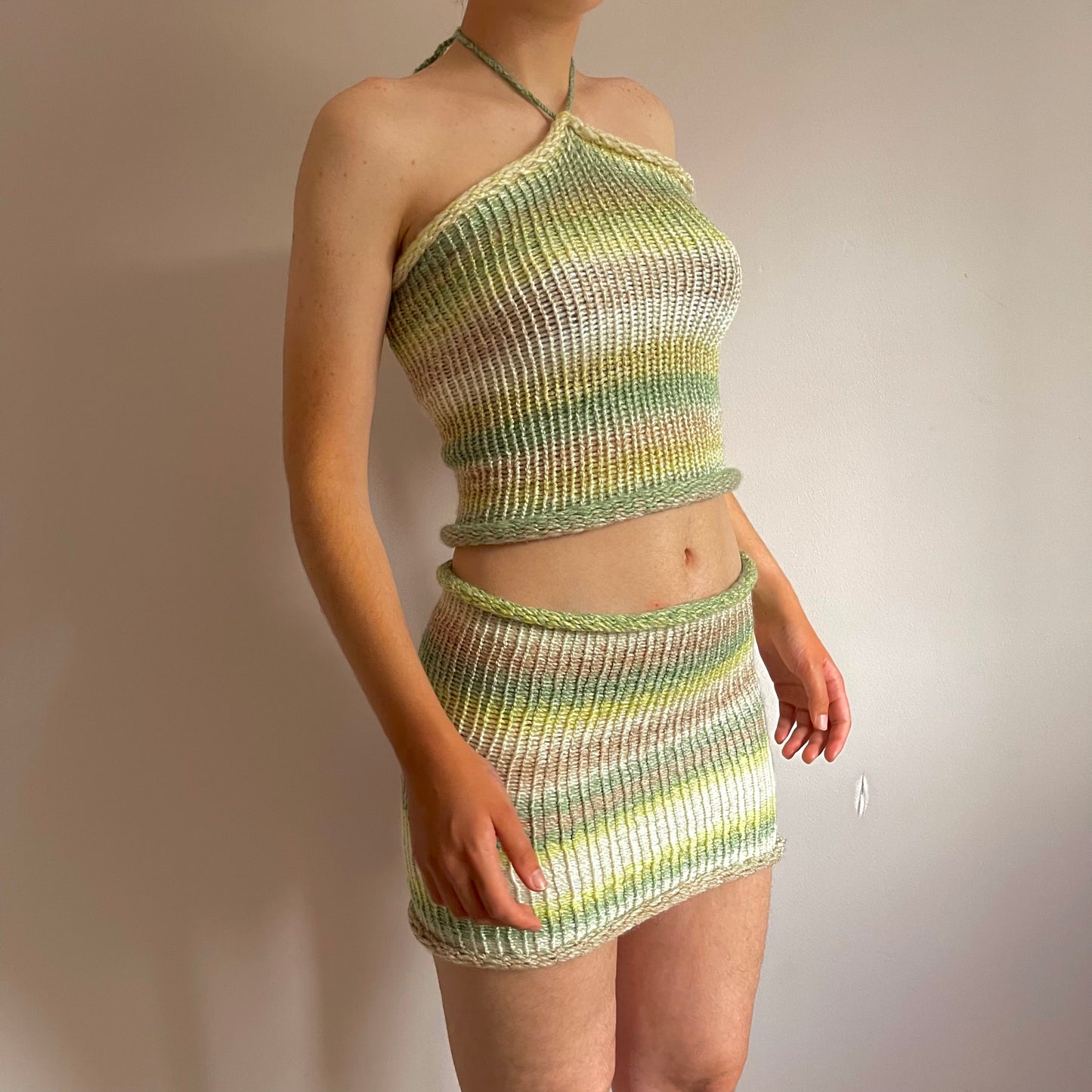 SET: Handmade knitted halter top and skirt in green, beige and cream
