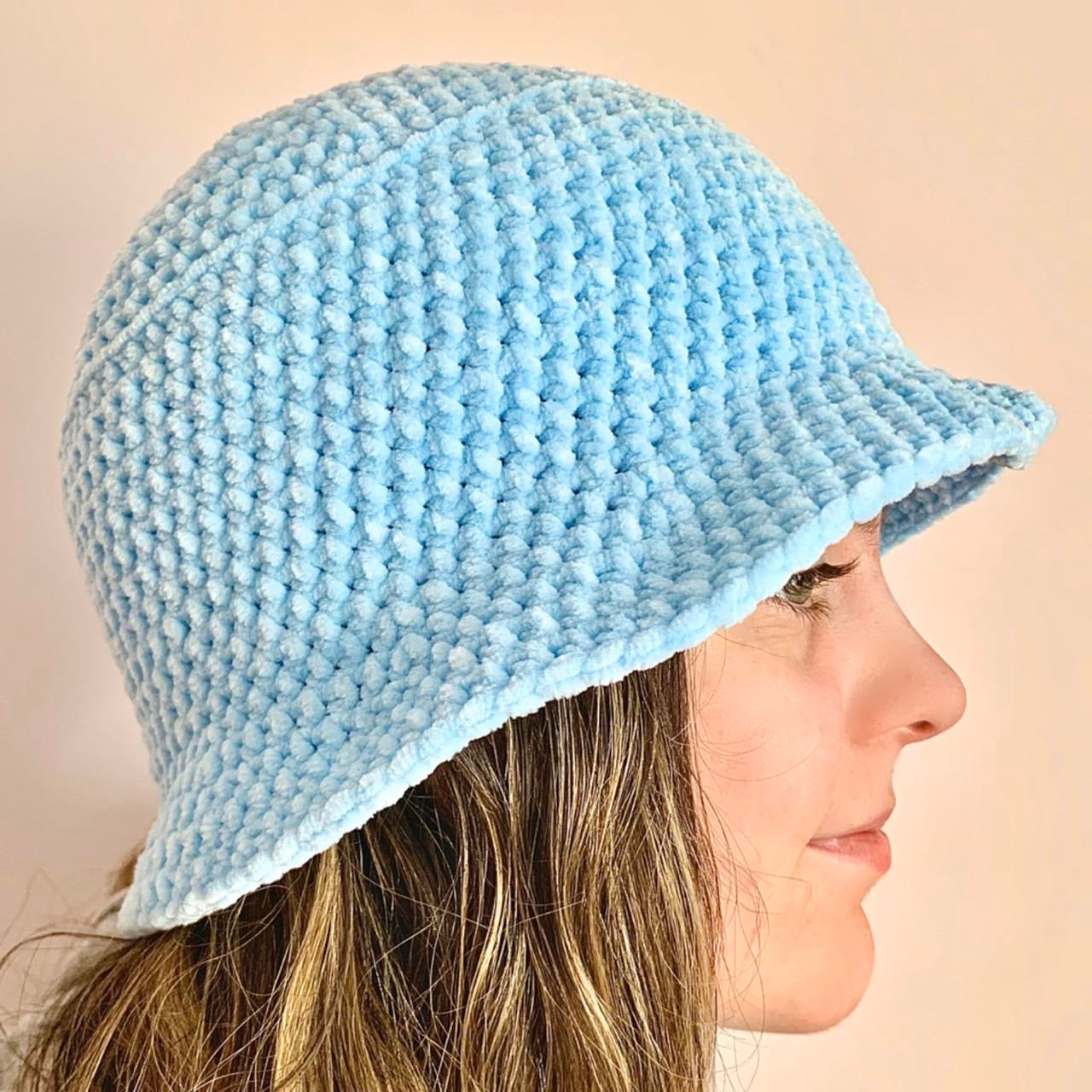 Handmade crushed velvet crochet bucket hat in baby blue