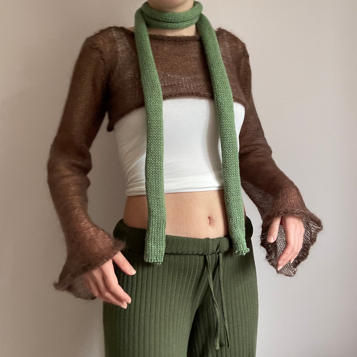 Handmade knitted skinny scarf in sage green