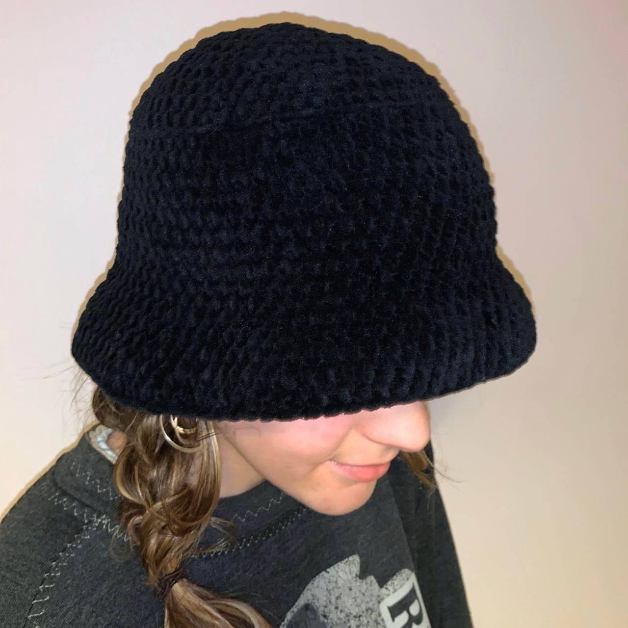 Handmade crushed velvet crochet bucket hat in black