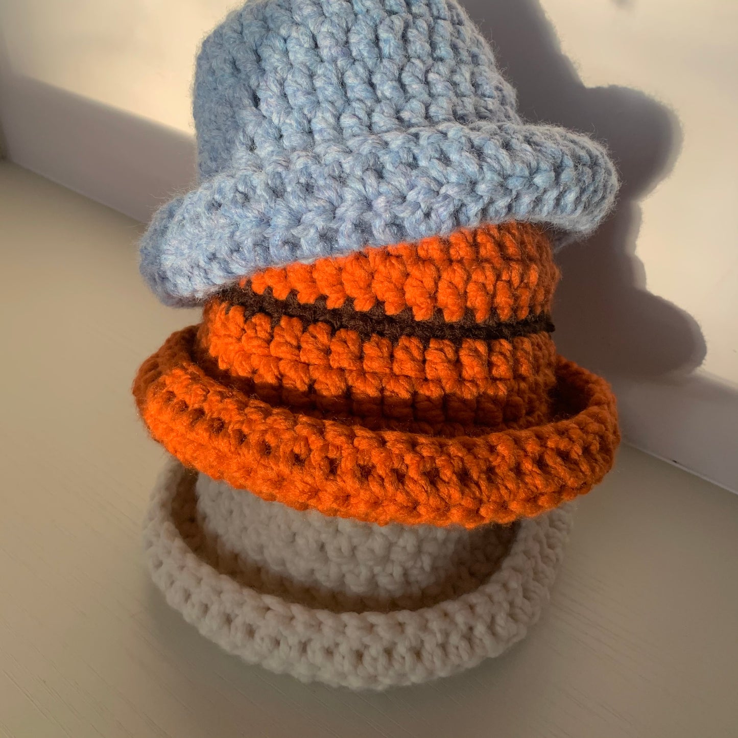 Handmade cornflower blue chunky crochet bowler hat
