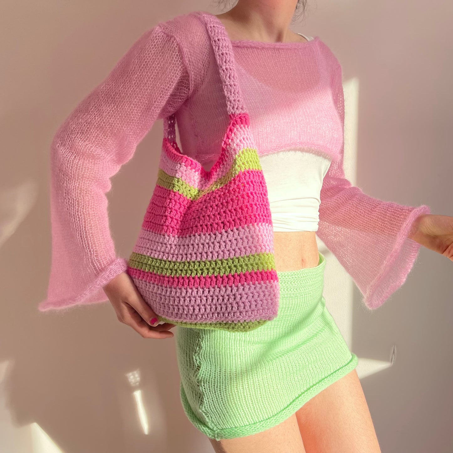 Handmade knitted baby pink mohair cropped jumper