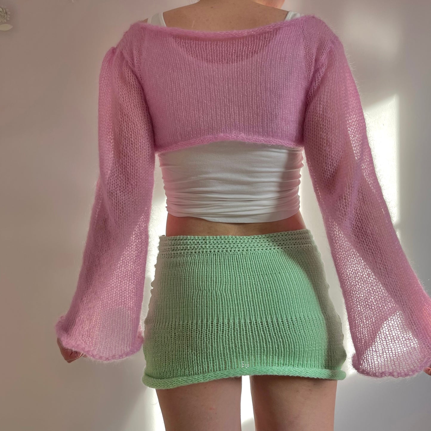 Handmade knitted baby pink mohair cropped jumper