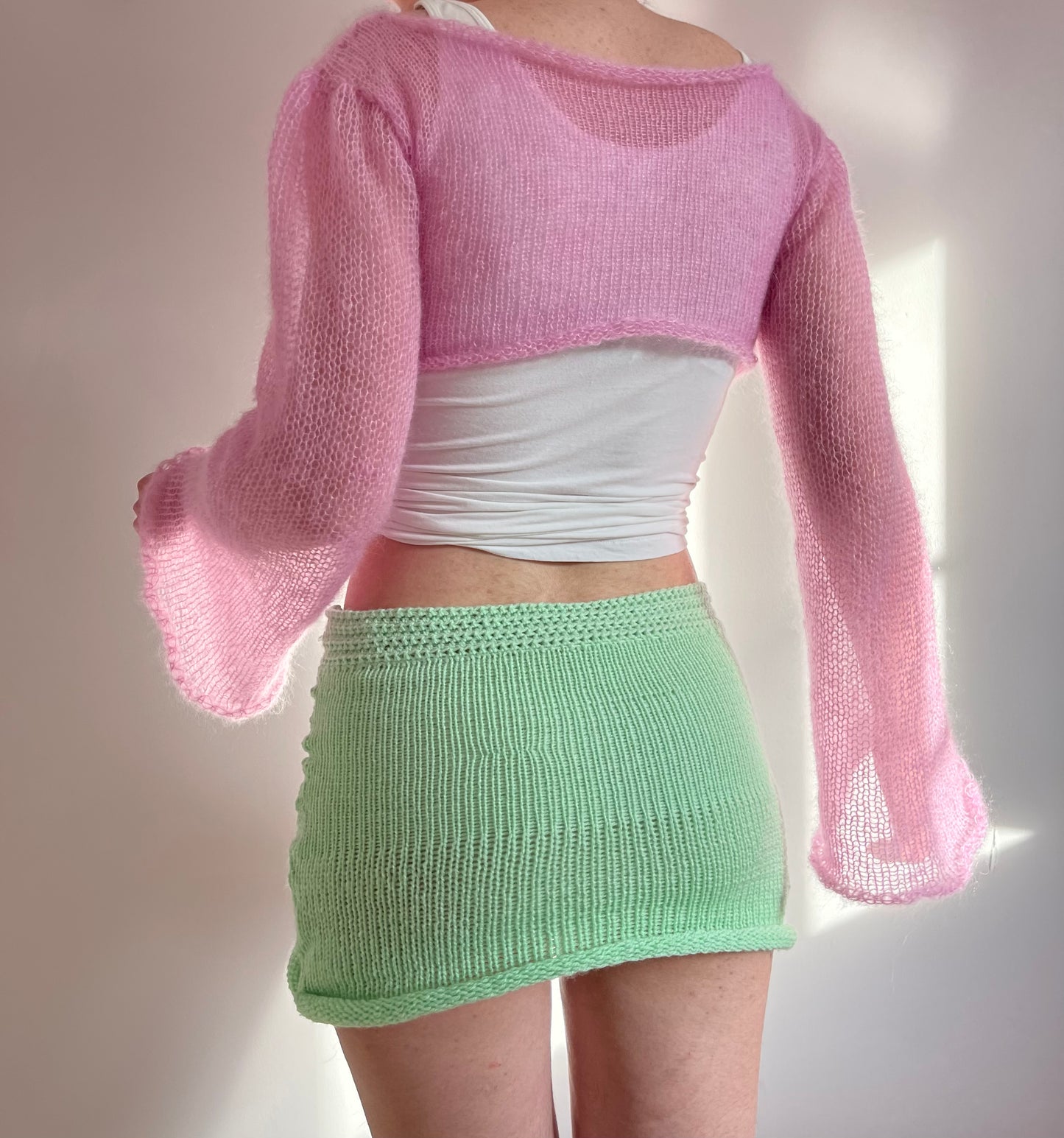 Handmade knitted mini skirt in mint green