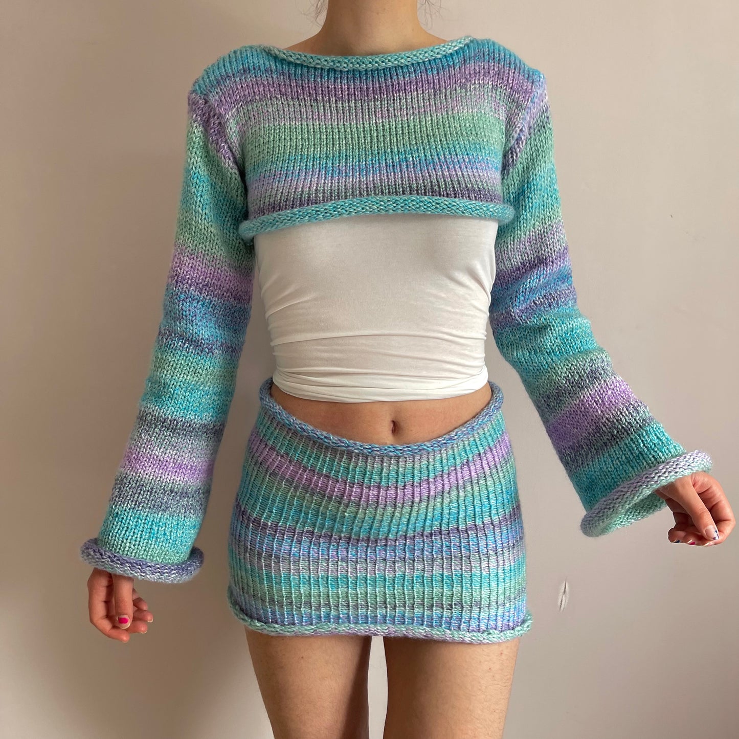 SET: Handmade baby blue, lilac and mint green knitted cropped jumper and mini skirt