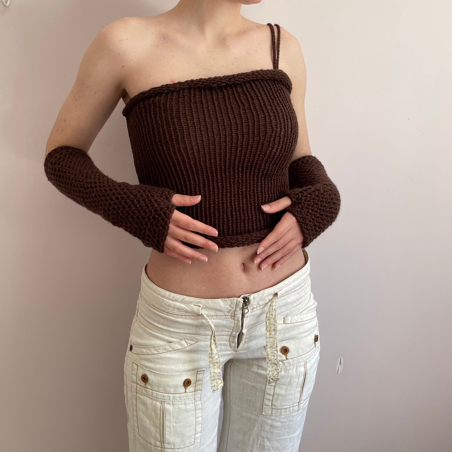 Handmade knitted asymmetrical top in brown