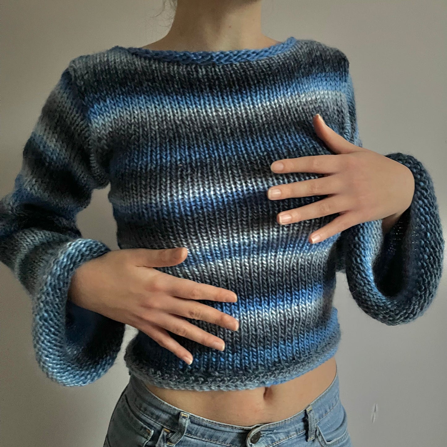 The Blue Daze Sweater - handmade knitted flared sleeve jumper