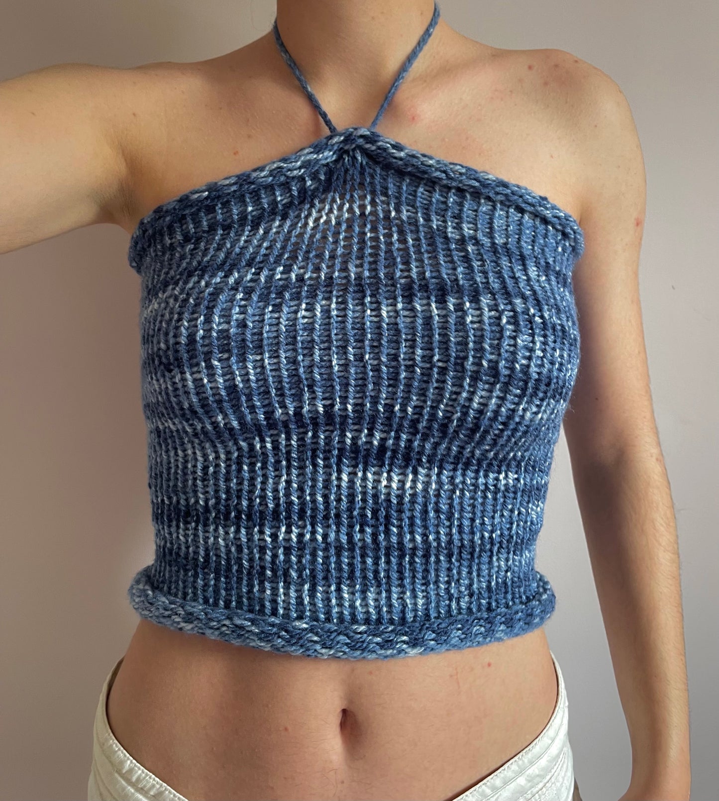 Handmade knitted halter top in blue and white