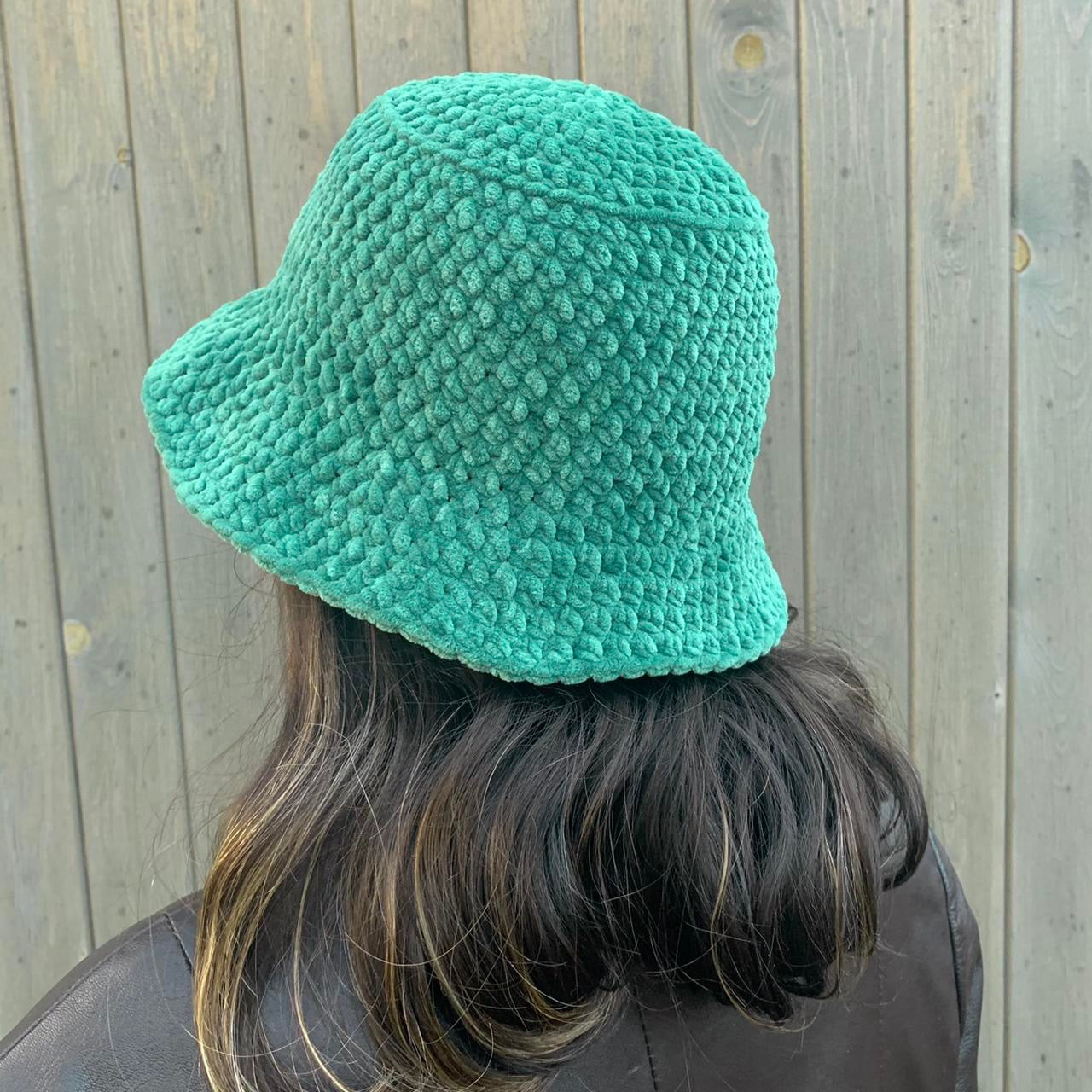 Handmade crushed velvet crochet bucket hat in sage green