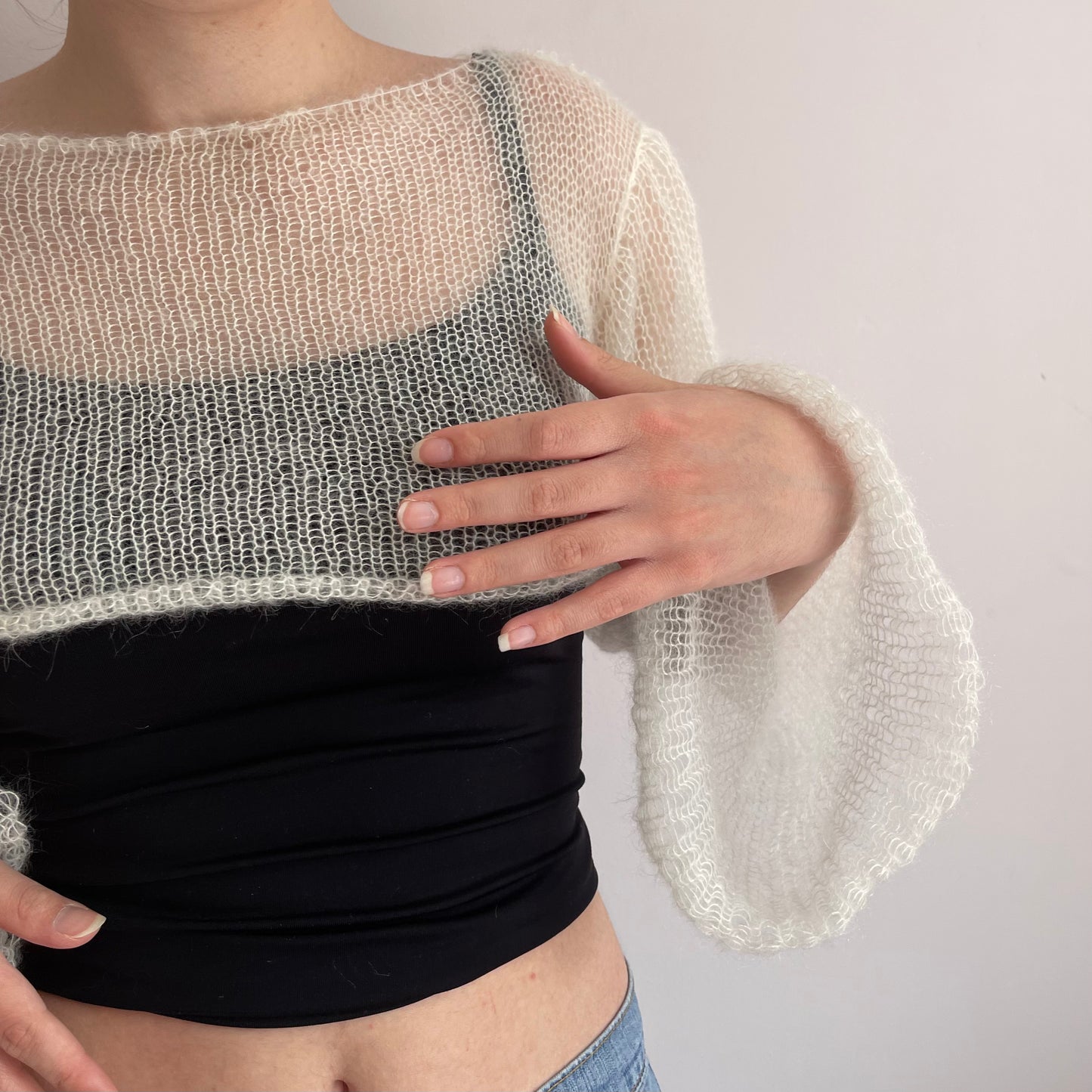 Handmade knitted off white mohair cropped jumper