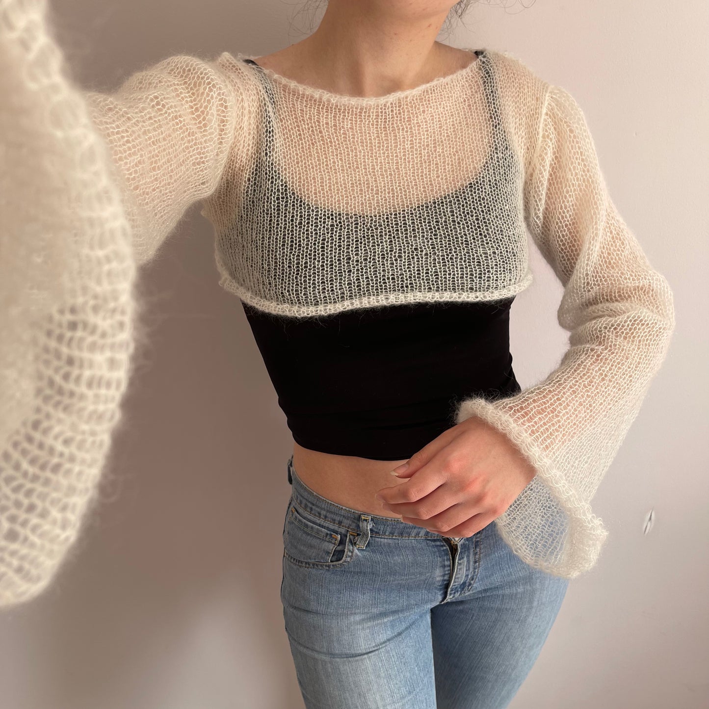 Handmade knitted off white mohair cropped jumper